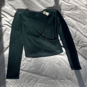 aerie Dark Green Long-Sleeve Wrap Crop Top